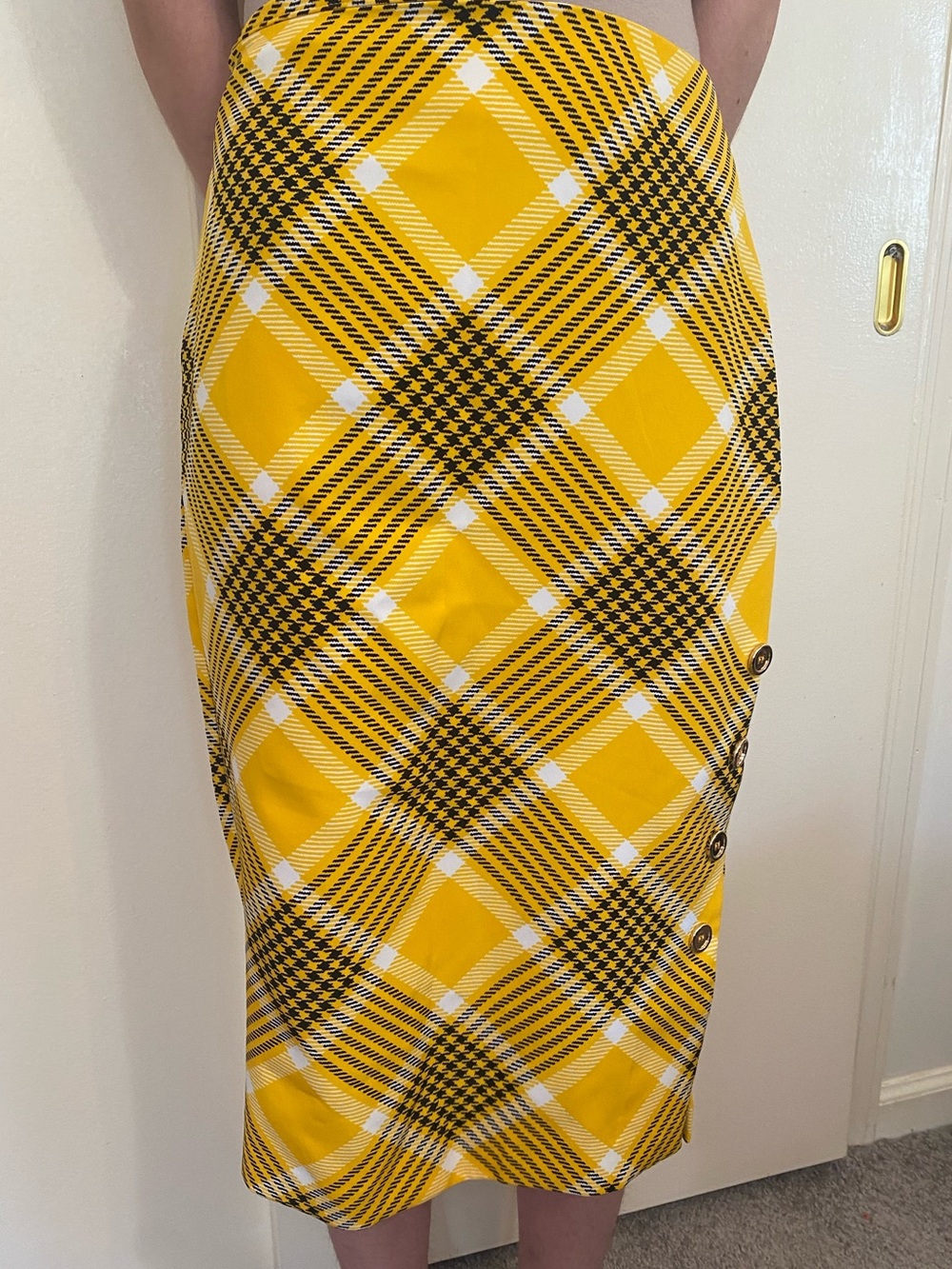 New York & Company Yellow Black Plaid Pencil Skirt with Side Buttons size xs - Picture 3 of 10